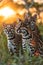 Ocelot family in the savanna with setting sun shining.