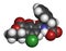 Ochratoxin A mycotoxin molecule. 3D rendering. Atoms are represented as spheres with conventional color coding: hydrogen (white),