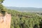 Ochre Trail in Roussillon, Sentier des Ocres, hiking path in a natural colorful area of red and yellow cliffs surrounded by green