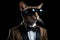 Ocicat In Suit And Virtual Reality On Black Background