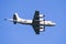 Oct 12, 2019 San Francisco / CA / USA - Close up of US Navy Lockheed P-3C Orion aircraft in mid-flight; San Francisco Fleet Week