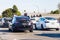 Oct 24, 2019 Redwood City / CA / USA - Two Tesla Model 3 vehicles driving on a busy freeway through Silicon Valley; San Francisco