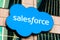 Oct 26, 2019 San Francisco / CA / USA - Close up of Salesforce logo displayed on one of their towers in SoMa district, downtown