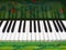 Octaves, white and black keys on a piano or grand piano. Green deck. Musical theme. Keyboard stringed musical instrument