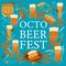 Octobeerfest Beer festival card design with stylized illustration mugs of beer, pretzel snack and grilled sausage on