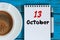 October 13th. Day 13 of month, calendar on notepad with coffee cup at lawyer workplace background. Autumn time. Empty