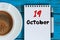 October 19th. Day 19 of month, calendar with tea cup at Medical Assistant workplace background. Autumn time. Empty space