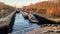 October, 2019, Moscow, Russia, Tushino, a Barge stands in a lock on the Moscow river channel.