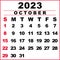 October 2023 Calendar illustration. The week starts on Sunday. Calendar design in black and white colors, Sunday in red colors