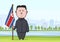 OCTOBER, 30, 2017: Caricature character of the North Korean leader Kim Jong-UN, standing with flag on the background of