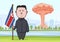 OCTOBER, 30, 2017: Nuclear bomb explosion in the city, mushroom clouds and caricature character of the North Korean