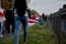 October 4 2020 Minsk Belarus A young boy helps his parents carry an opposition flag during a demonstration