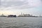 October 9, 2018, New York Harbor. A Container Barge Is Seen In Front Of The Lower Manhattan Skyline.