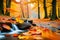 October autumn fall nature landscape scene with maple leaves and trees and flowing water