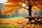 October autumn fall nature landscape scene with maple leaves and trees. a single maple tree close to a sitting bench