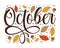 October - autumnal greeting with hand drawn leaves and acorns.