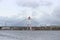 October bridge in the city of Cherepovets, Vologda Oblast, against the backdrop of a cloudy autumn sky