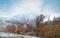 October Carpathian mountain Borghava plateau panorama with first winter snow and autumn foliage
