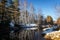 October landscape with birches on the river Bank, Russia, Ural