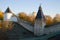 October morning at the walls of the Pskovo-Pechersky monastery. Pskov region, Russia