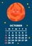 October. Space calendar planner 2023. Weekly scheduling, planets, space objects. Week starts on Sunday. Mars