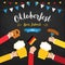 Octoberfest beer festival colorful poster. Composition with human hands toasting beer in centre and beer glasses in