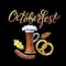 Octoberfest hand drawn watercolor lettering, festival symbols. Full glass of beer with foam, pretzel, sausage and oak leaves on bl