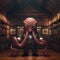 Octopus anthropomorphic character wearing suit and tie in fancy library style setting.