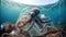 Octopus at the bottom of the sea tangled in plastic. Polluted sea. Environmental pollution