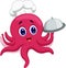 Octopus chef cartoon holding platters