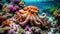 Octopus on a coral reef, underwater marine world with vibrant colors in the background. Generated with AI