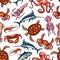 Octopus, crab, squid, salmon fish. Seafood pattern