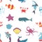 Octopus and crayfish seafood raw oceanic animals pattern