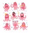 Octopus Emoticon Icons With Funny Cute Cartoon Marine Animal Characters In Different Disguises At The Party