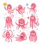 Octopus Emoticon Icons With Funny Cute Cartoon Marine Animal Characters In Love And Expressing Different Emotions