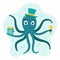 Octopus with gift and bouquet of flowers, vector illustration