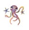 An octopus holds a starfish with a tentacle. Cute character in cartoon style.