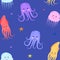 Octopus, jellyfish, squid. Cute cartoon sea animals. Seamless pattern