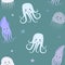 Octopus, jellyfish, squid. Cute cartoon sea animals. Seamless pattern
