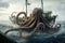 octopus kraken attacking fishing vessel, tentacles wrapping around the boat