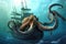 octopus kraken attacks submarine, its tentacles wrapping around the vessel