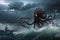 octopus kraken monster, looming out of dark and stormy sea, with lightning in the background