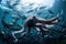 octopus kraken swimming among schools of fish, having already devoured most of the school