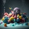 an octopus made out of various colored balls and bubbles with a sprinkle of water coming out of its mouth and eyes on top of it