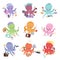 Octopus mollusk ocean coral reef animal character different pose like human and cartoon funny, graphic marine life
