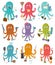 Octopus occupation vector illustration cartoon octopi character of businessman constructor or housewife doing multiple