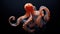 An octopus with orange tentacles and large eyes on a black background, AI