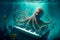 Octopus playing the piano underwater.