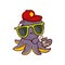 Octopus in sunglasses and red cap, holding player and listening music. Sea creature with tentacles. Cartoon vector icon