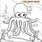 Octopus swimming underwater. Vector black and white coloring page.